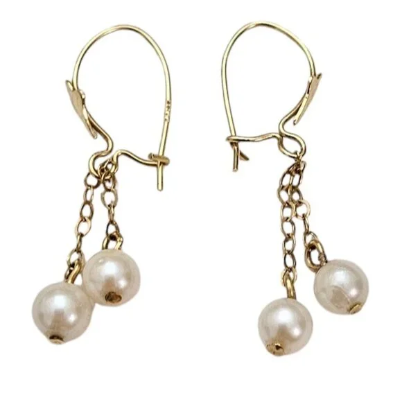 14K Yellow Gold Chain Pearl Charm Dangle Hook Earrings L385